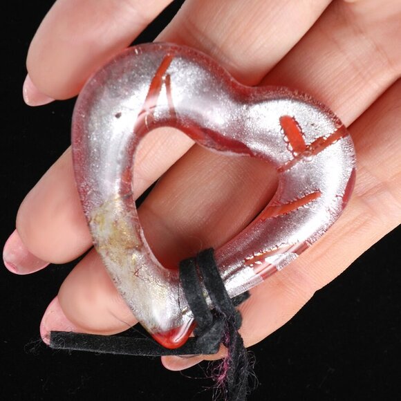 Glass Heart Pendant Fabric Cord Band Metallic Silver Red Y2K Boho - Picture 4 of 6